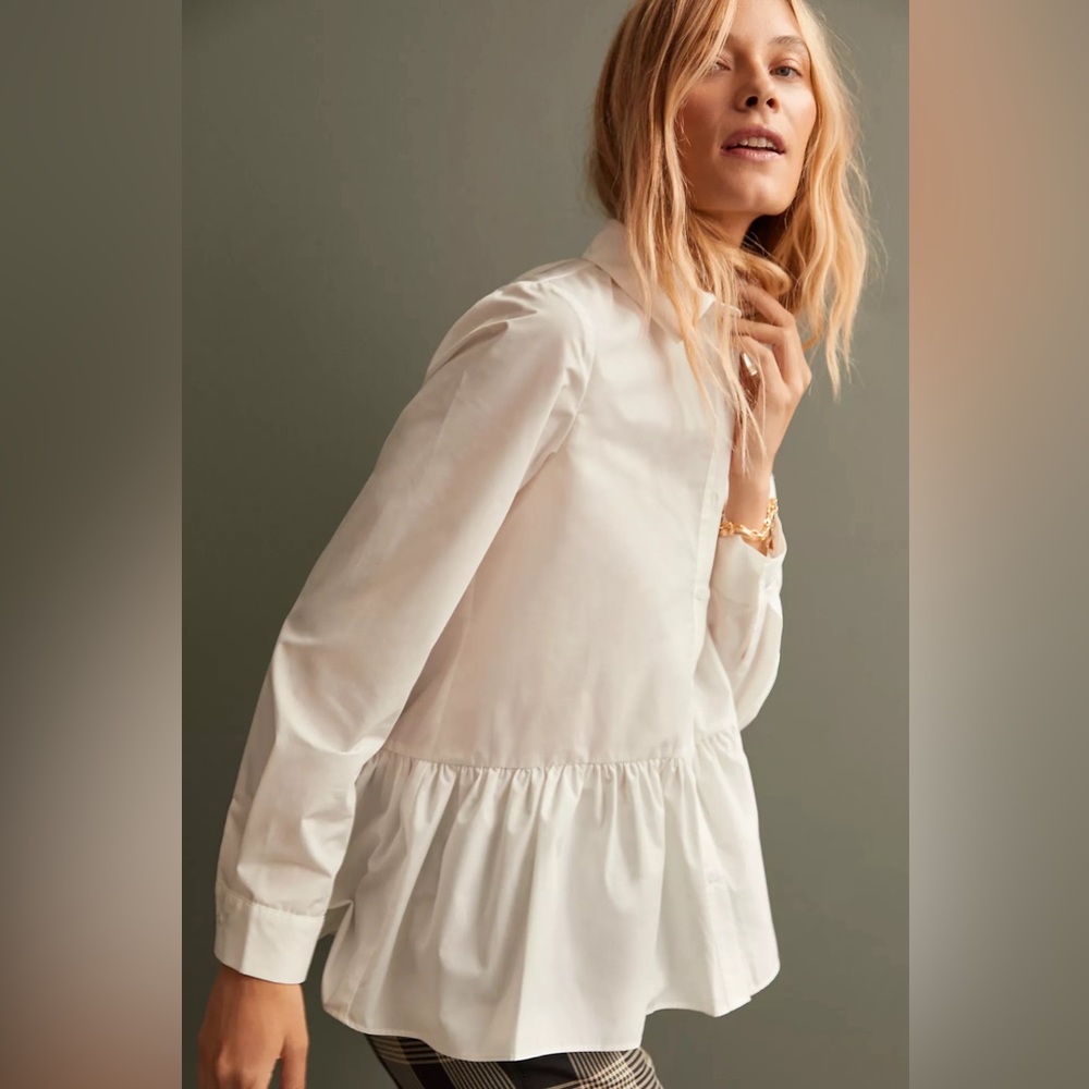 Anthropologie White Peplum Button-Front Blouse